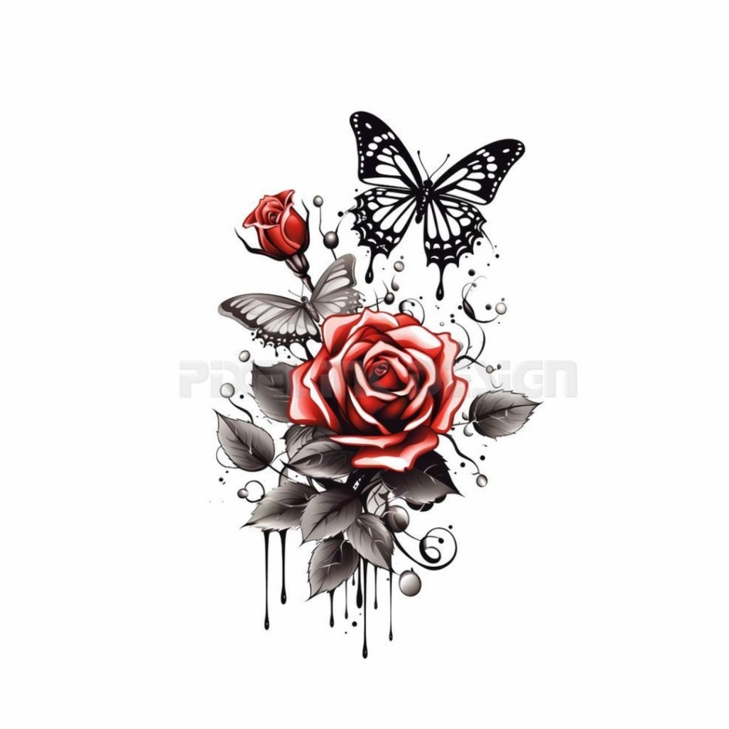 butterfly rose tattoo designs Bulan 4 Red Roses With Butterflies Tattoo White Background High Resolution Digital  PNG Art on White Background Printable SVG Tattoo Stencil - Etsy